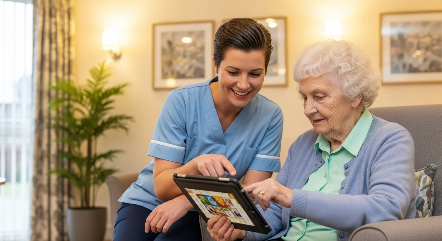 Care home staff helping resident