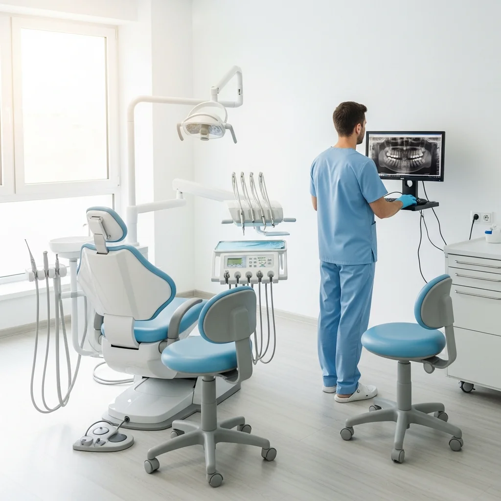 Dentist working at a computer in a clinical setting