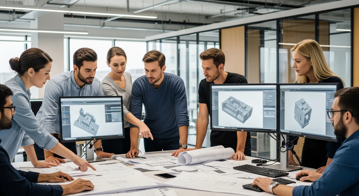 Engineers collaborating on CAD designs